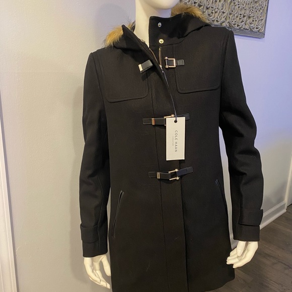 NEW Cole Haan Wool Faux Fur Trim Black Hooded Jacket Coat Size 6 - Picture 4 of 8